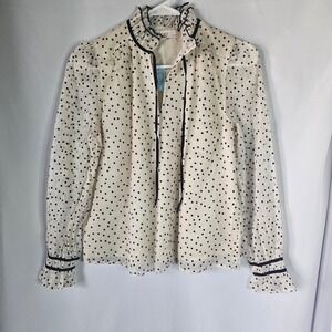 LOFT Petites Polka Dot Ruffle Neck Blouse Ivory Black Velvet Trim NWT XSP